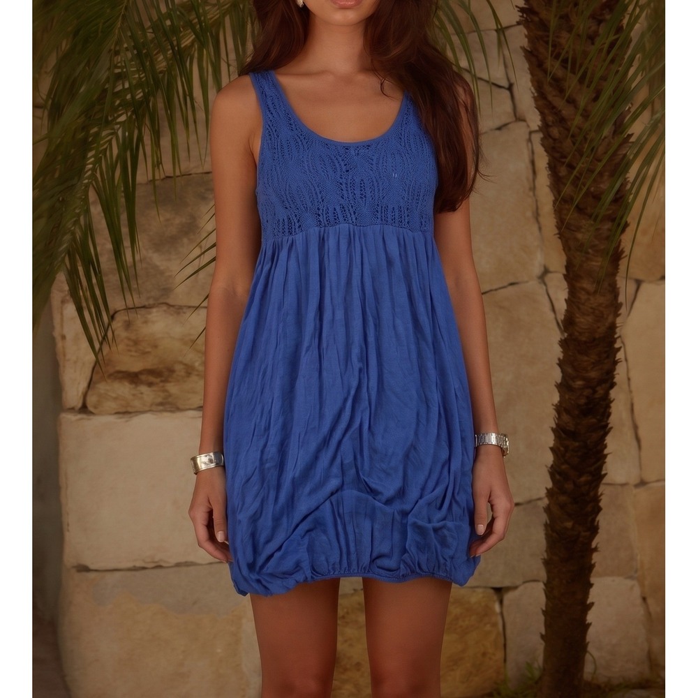 C&C California Crochet Lace Bubble Hem Mini Dress Blue S WRS1235 Excellent